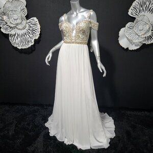 NWT~$565~ANGELA & ALISON~SZ 4~IVORY GOLD BEADED COLD SHOULDER PROM DRESS GOWN